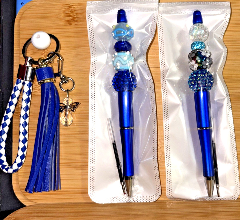 2 HAND MADE BEAD PENS & BEAD KEY CHAIN - & INK REFILL- blue