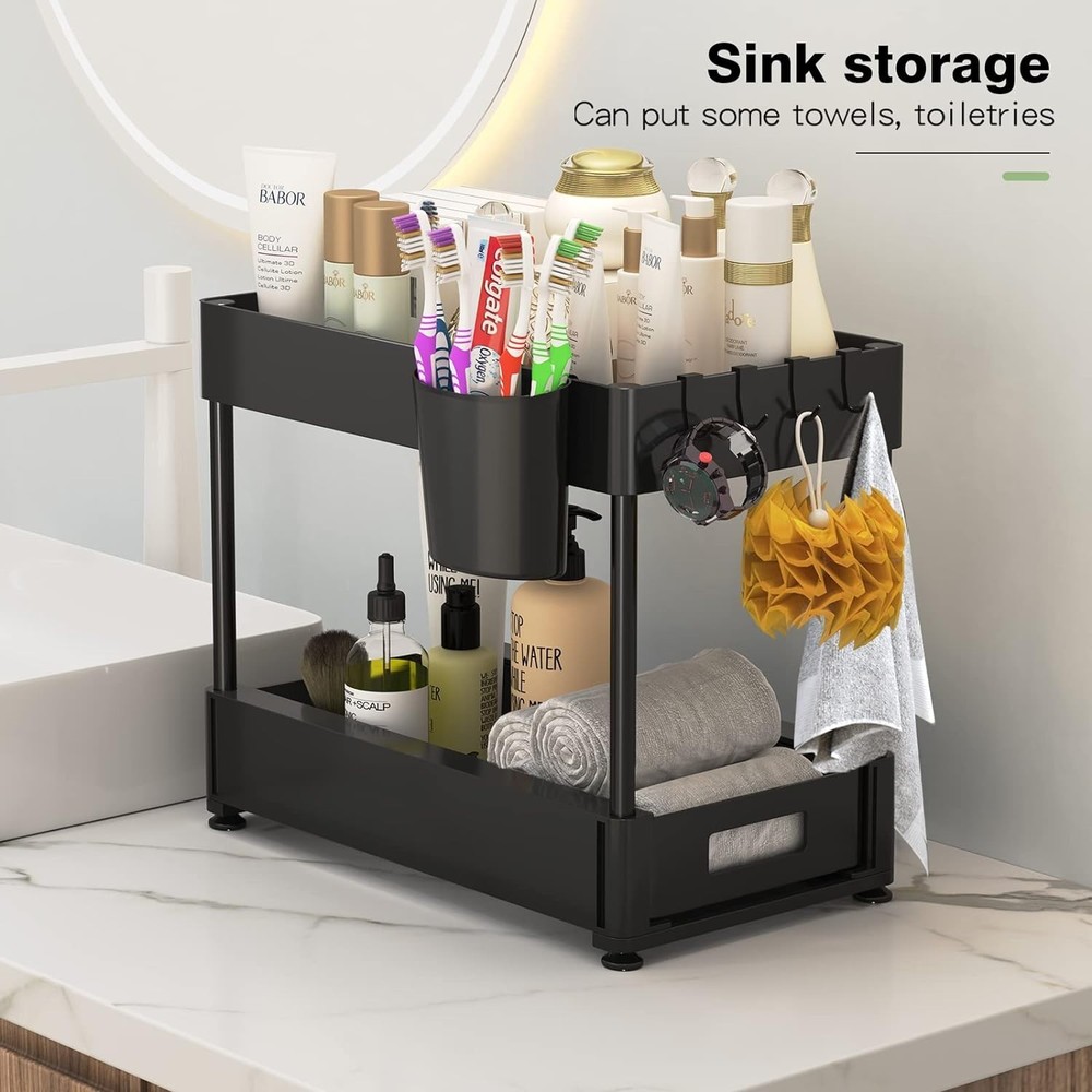 Under Sink Organizers and Storage, 2 Pack Pull Out Cabinet Organizer with Hooks