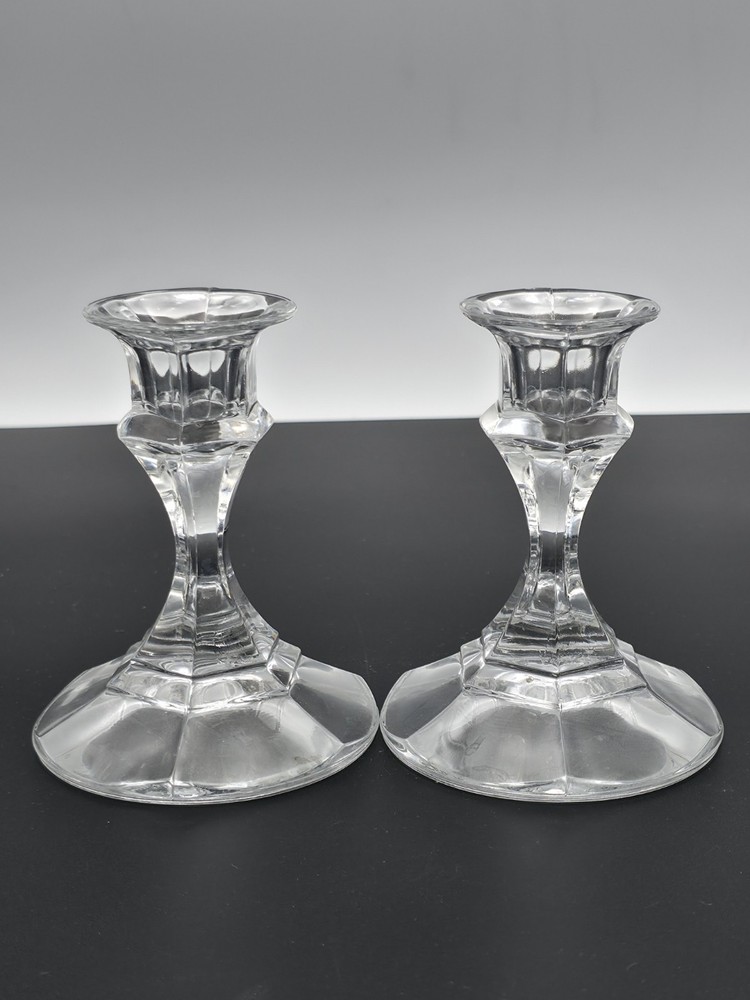 Vintage MCM Pair Solid Clear Glass Taper Candlestick Holders 4" Tall
