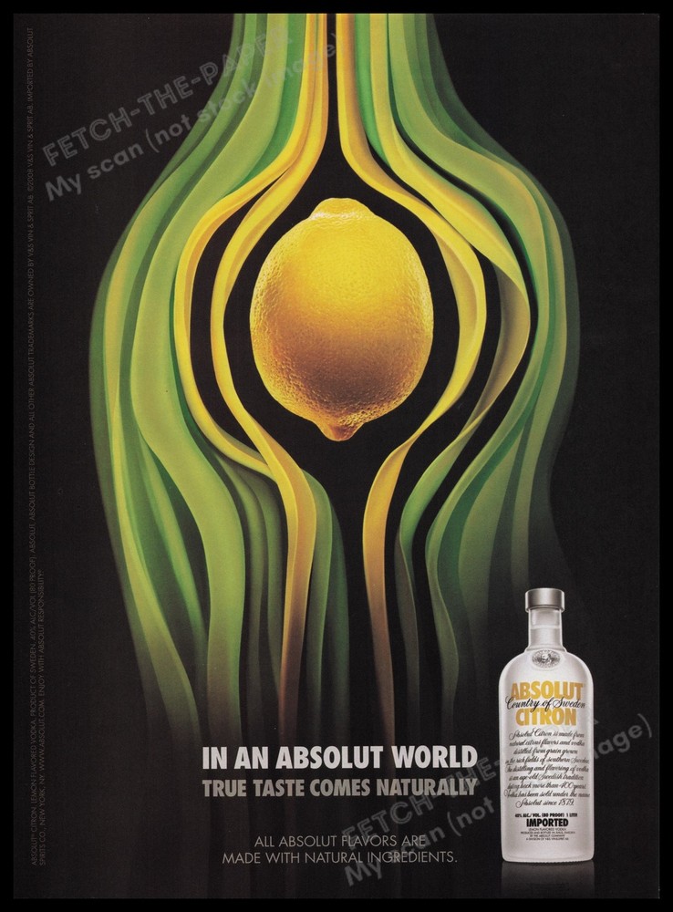 Absolut Citron Vodka 2000s Print Advertisement Ad 2008 Lemon