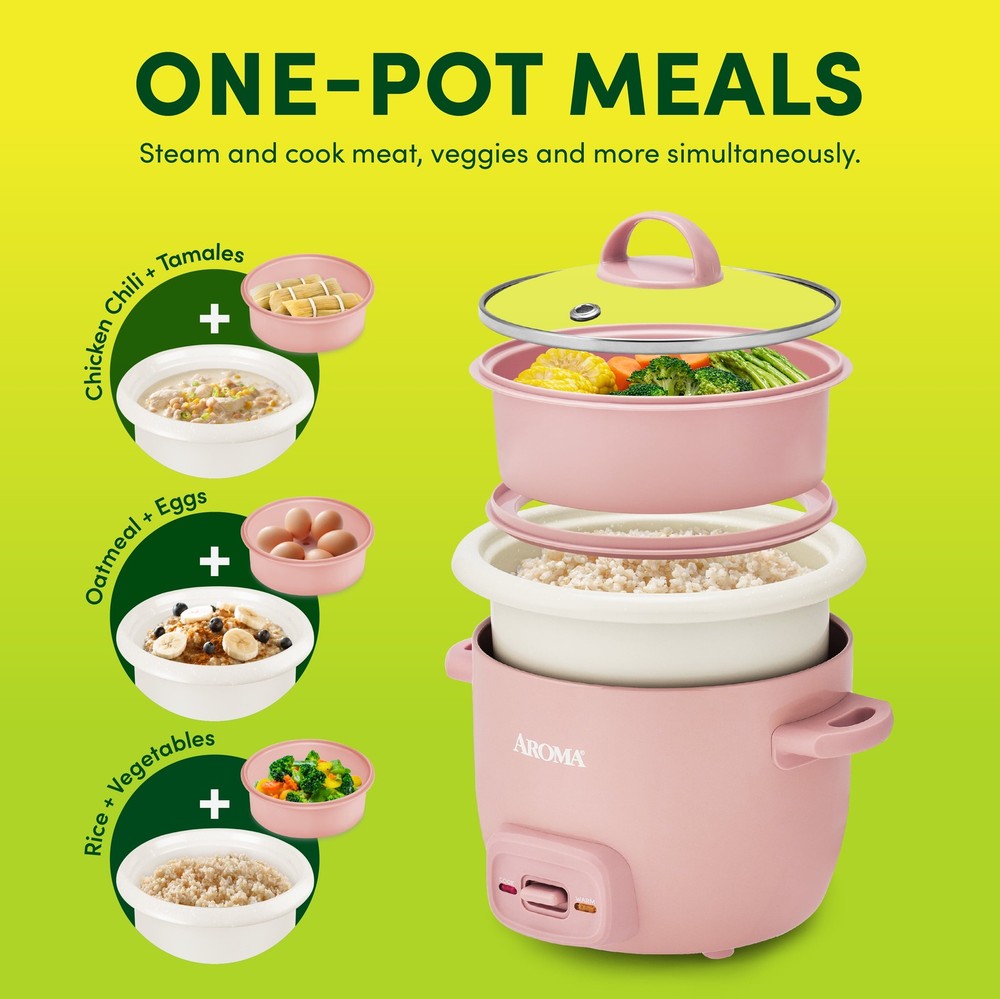 Mini Rice Cooker 0.5Qt Steamer Nonstick Pot Keep Warm Function Pink