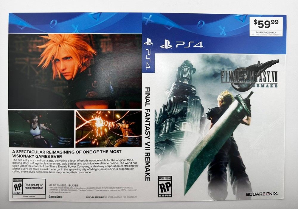 Final Fantasy VII Remake (PS4) Replacement Case Cover Art Insert Only!