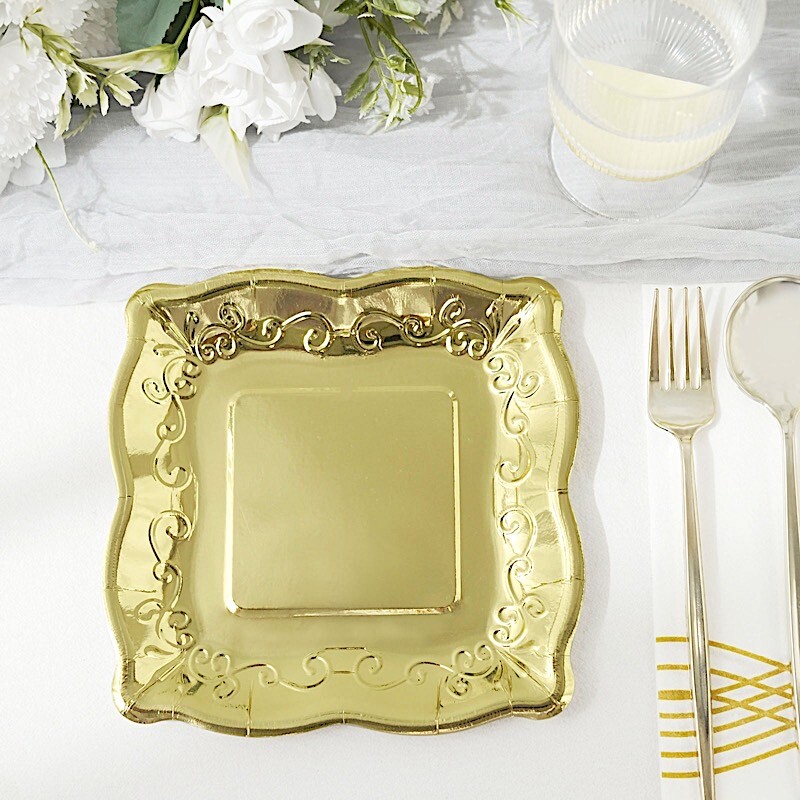 25 Square 7" Paper Dessert Dinner Plates Scroll Design Rim Party Event Tableware