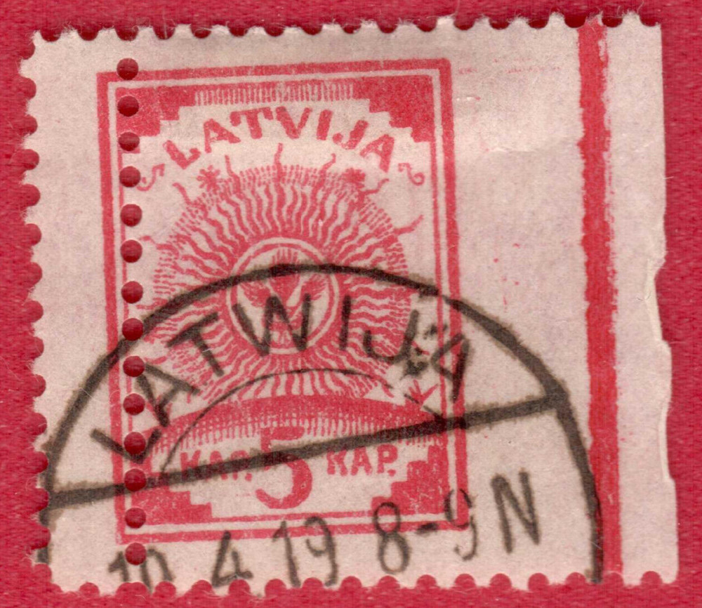 LATVIA missing perforation 5 Kop. 1919 Sc. 18 USED ERROR 6603