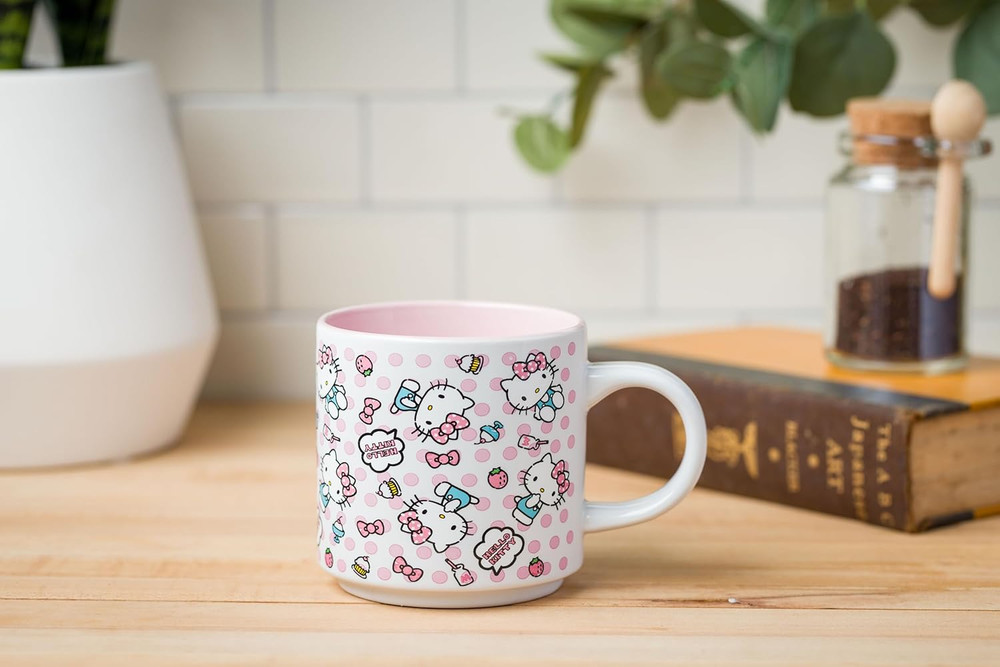 Hello Kitty Polka Dot Food Scribble Single Stackable Ceramic Mug, 13 Ounces