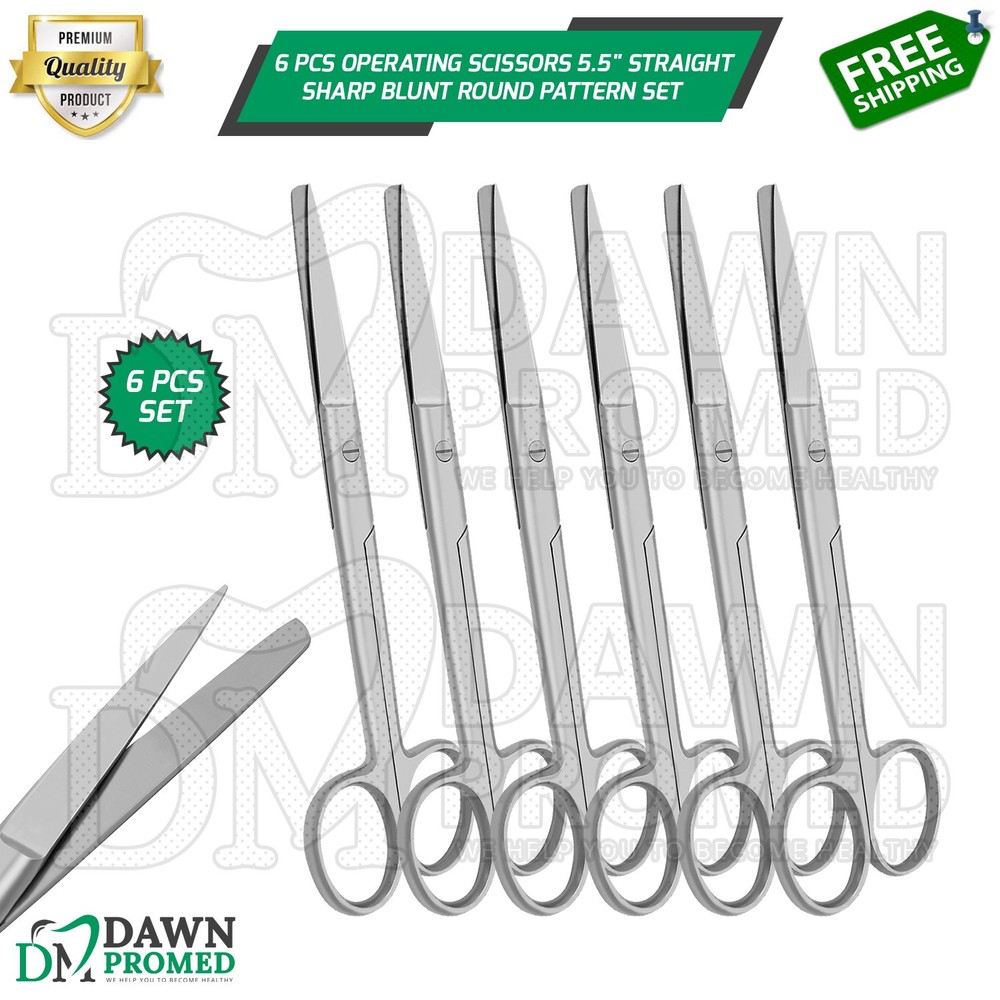 6 Pcs Operating Scissors 5.5" Straight Sharp Blunt Round Pattern Surgical Set