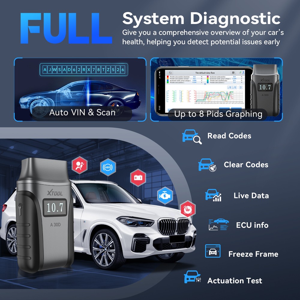 🔥XTOOL A30D V2.0 Diagnostic Tool OBD2 Scanner All System 19+Resets Code Reader