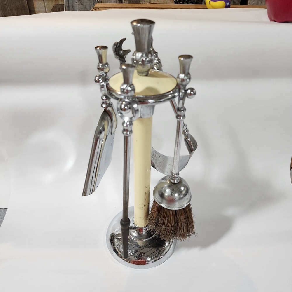 Art Deco Thistle Top Chrome Petite Fireplace Tools Set