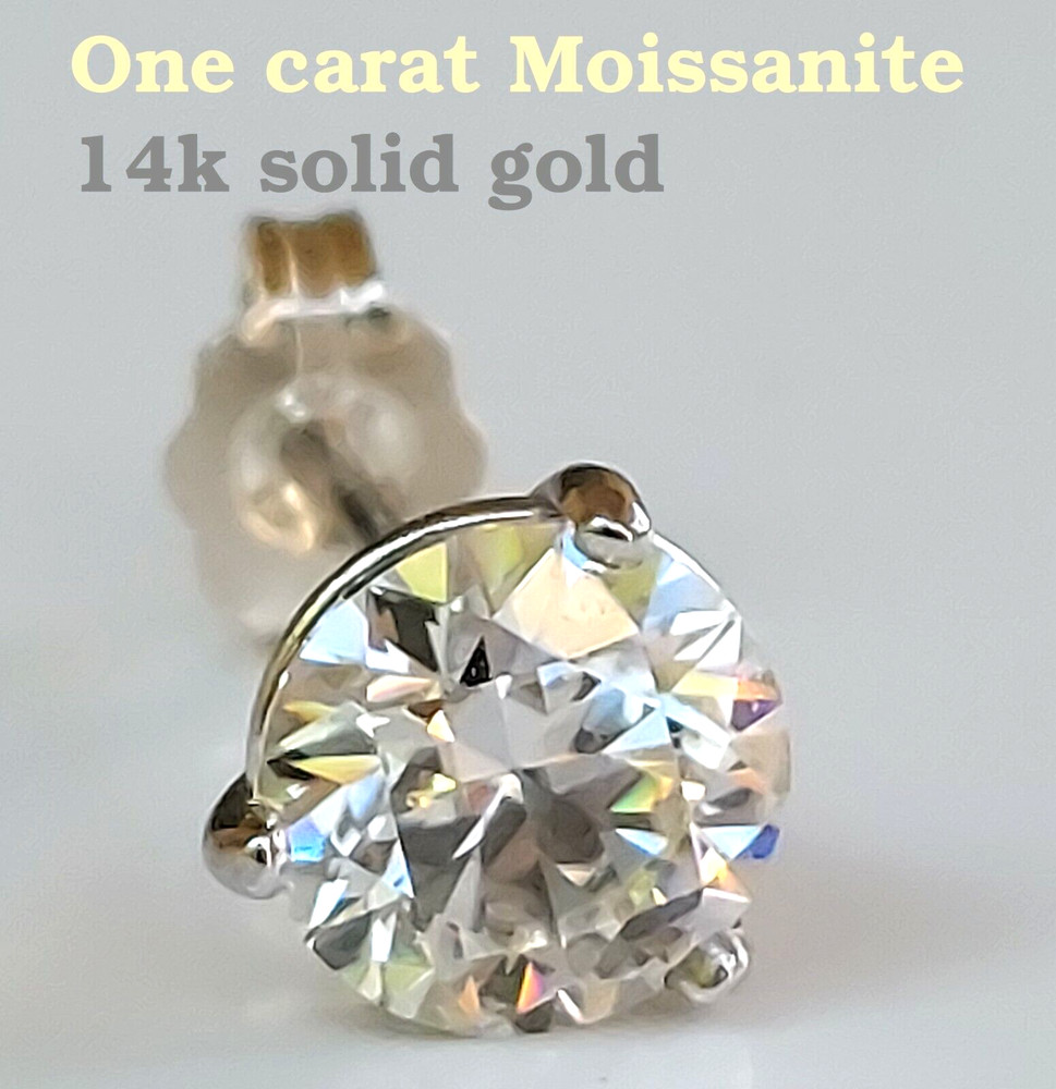 Classic 1ct Single Moissanite Stud Earring 14k solid white gold.