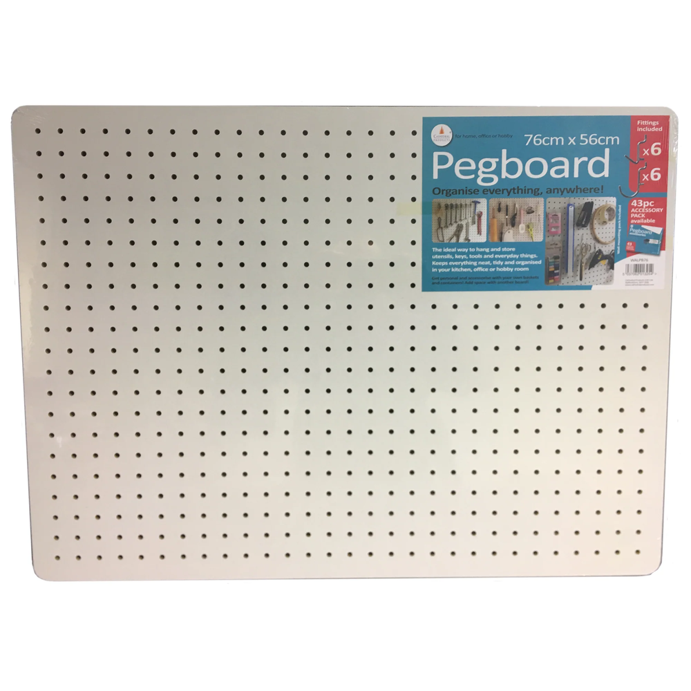 White Pegboard - 76x56cm, 12 Hooks, Wall Mountable - Kit Included