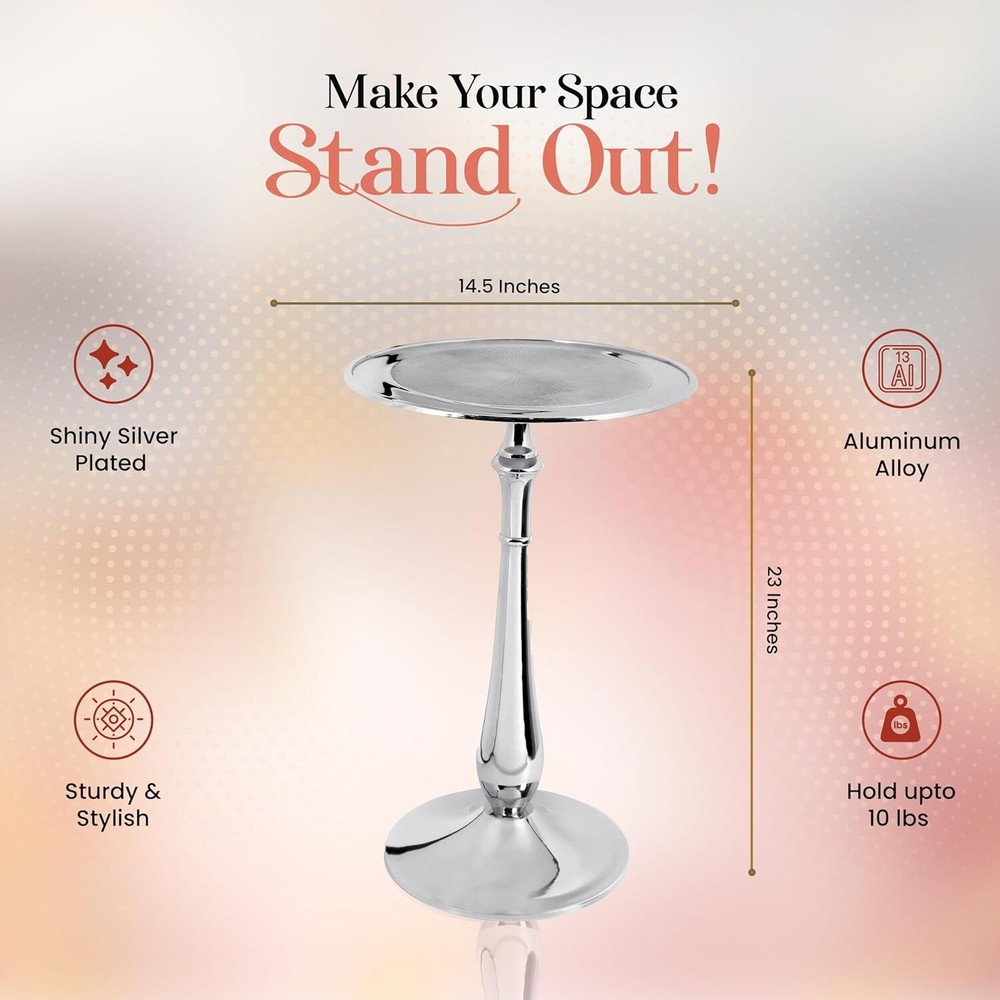 Round Side Table, Modern End 15" x x 21" - Inch, Platinum Silver