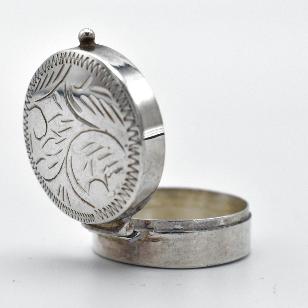 Vintage Solid Silver Pill Pot Engraved Hinged Lid 925 Sterling