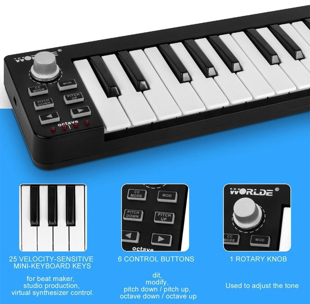 Worlde Easykey.25 Portable 25-Key Mini USB MIDI Keyboard Controller Programmable