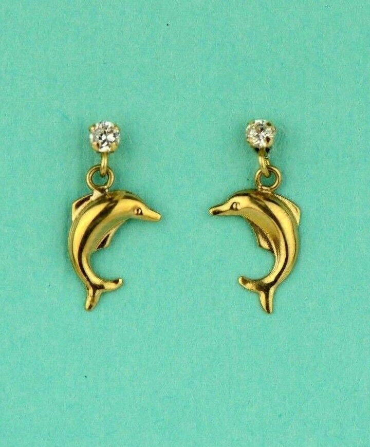 14k Yellow Gold CZ Dolphin Stud Earring