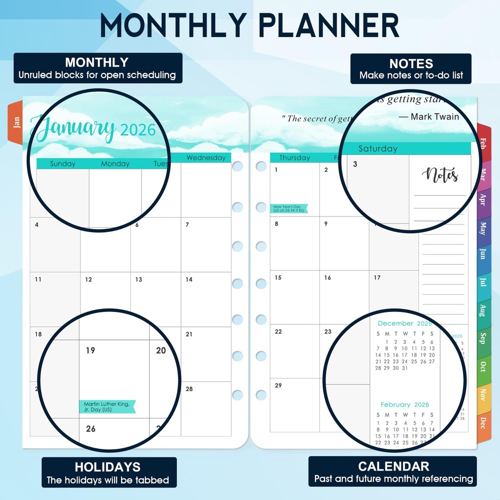 2026 Planner Refills - A5 Inserts with 7-Hole Punched, JAN A5, Blue