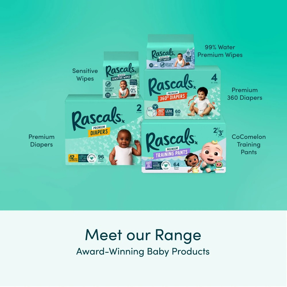 Rascals Premium 360 Absorbent Pull-On Diapers, Size 4, 60 Count