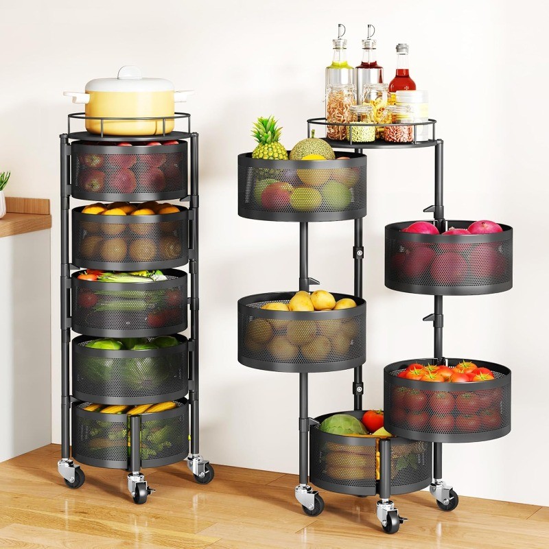 Fruit Vegetable Basket for Kitchen, Rotating Storage Rack, 5 Tier Rolling Cart