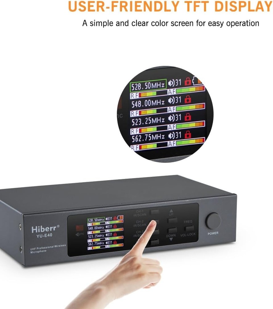 Hiberr YU-E40B Wireless Microphone System, 4 Channels Adjustable UHF Wireless