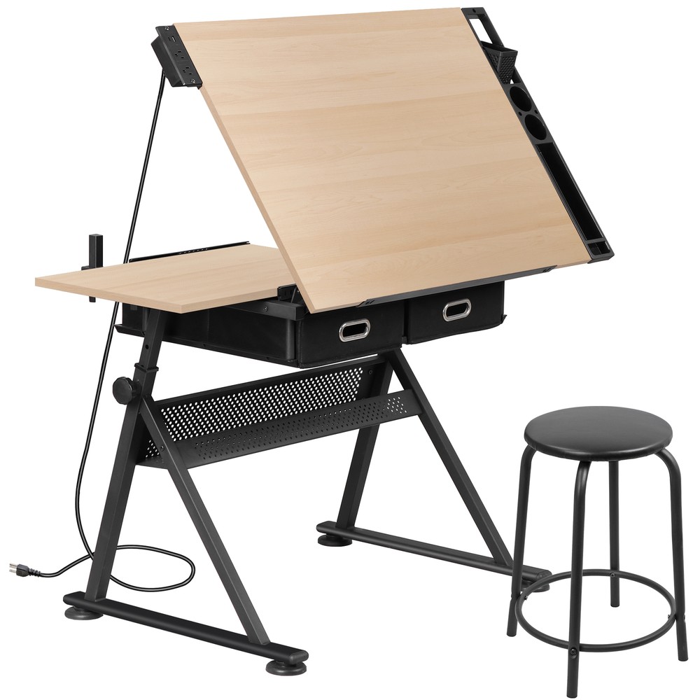 Adjustable Drafting Drawing Tiltable Table & Stool w/ 2 Drawers & Outlet Natural