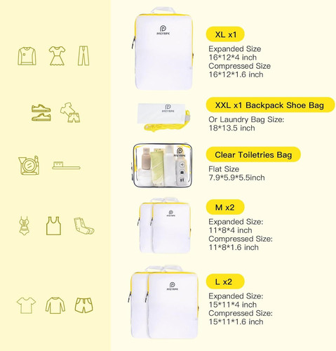 Lightweight Compression Packing Cubes for Suitcases, 7 Set, White/Yellow