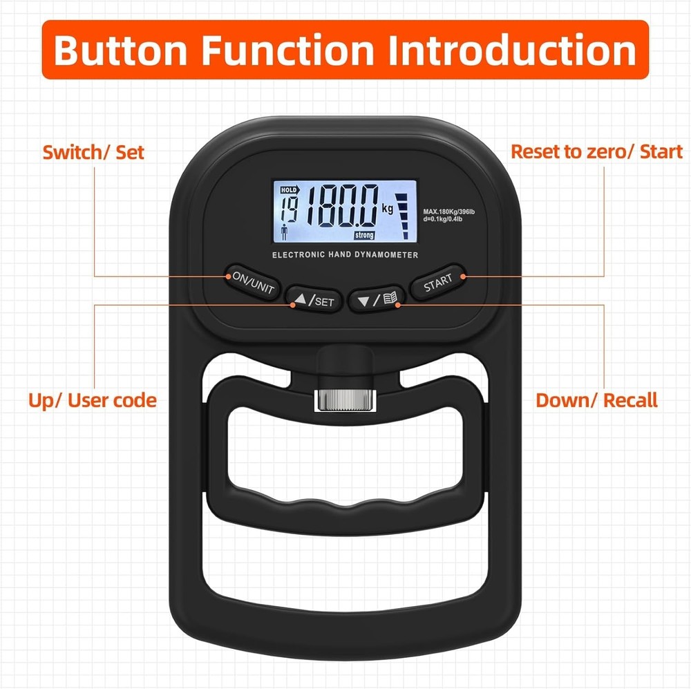 Rechargeable Digital Grip Strength Meter 396lbs with LCD Display
