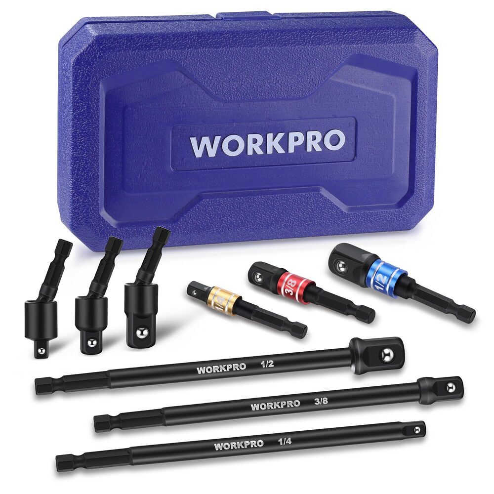 WORKPRO 9PCS Basic/Swivel/Long Impact Grade Socket Adapter Set 1/4" 3/8" 1/2" Dr