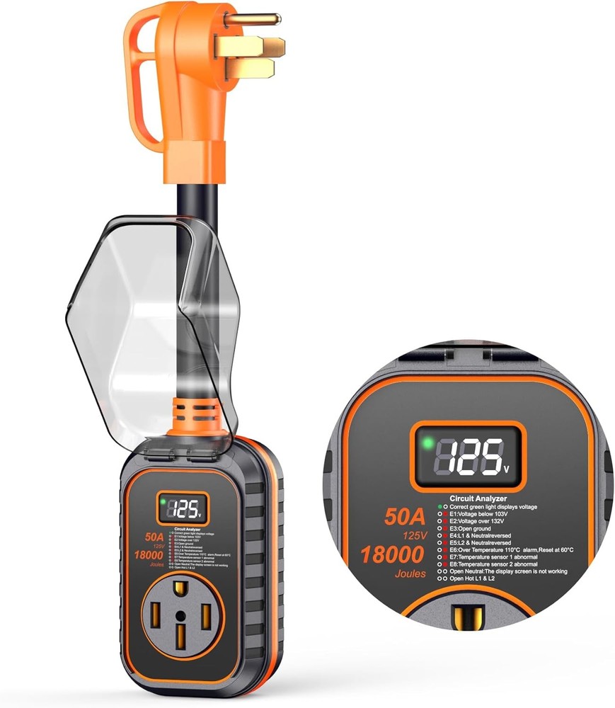 50Amp RV Surge Protector W/LED IP68 Weatherproof Cover 18000 Joule Power Adapter