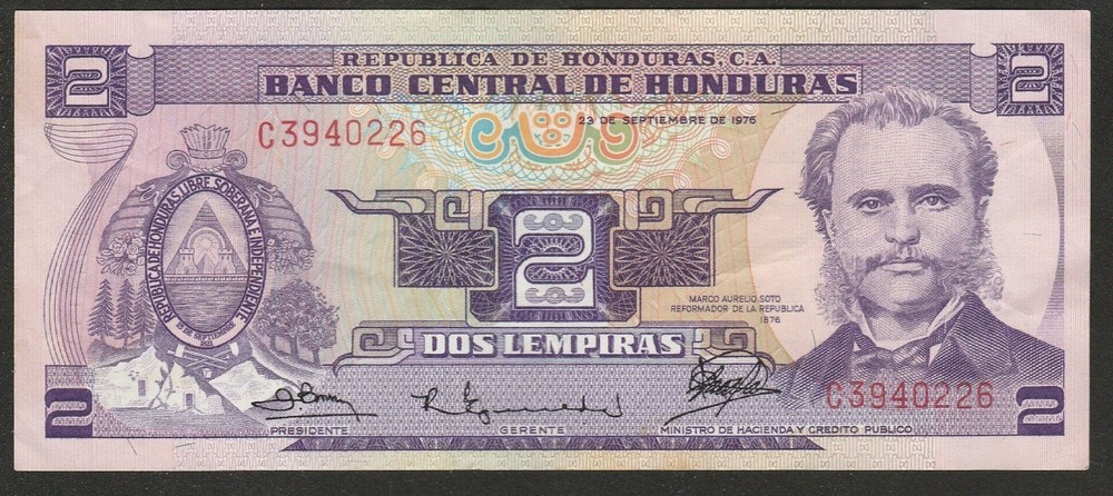 1976 HONDURAS 2 LEMPIRA NOTE