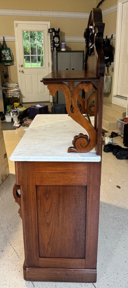 Antique Marble Top Victorian Walnut Carved Server Sideboard Buffet Cupboard