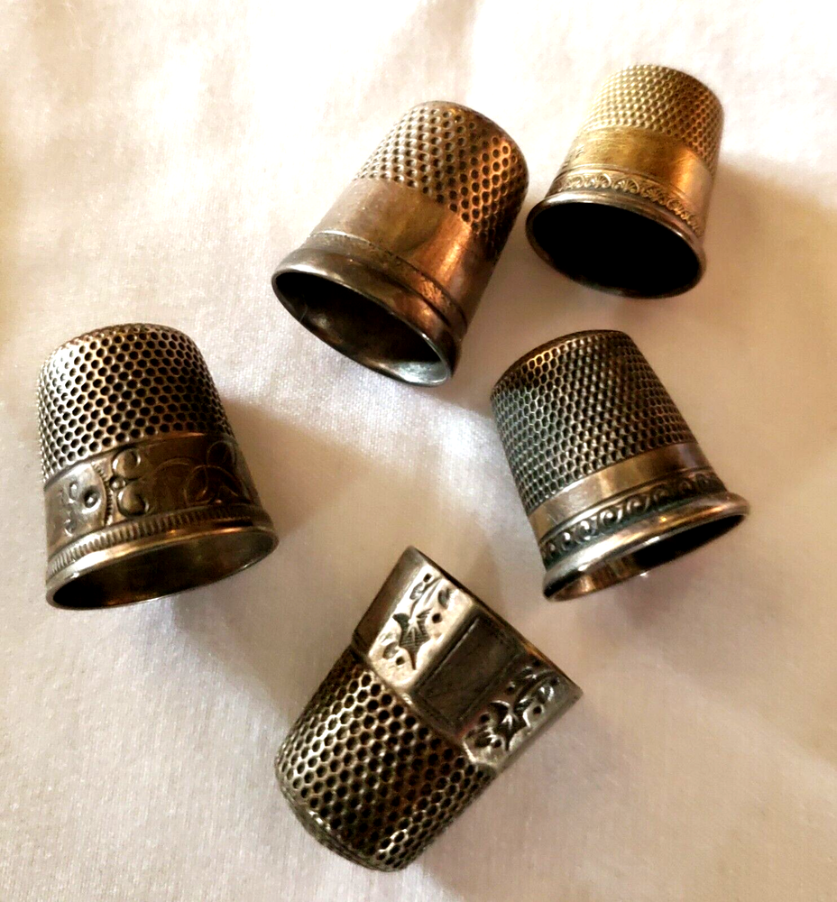 Sewing Memorabilia 5 Antique Sterling Silver Thimbles Assorted Makers