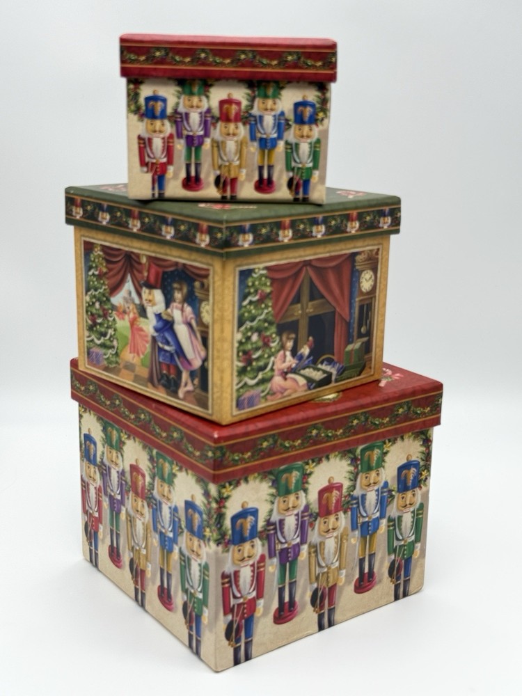 Nutcracker 3-Piece Decorative Nesting Storage Boxes Set w/ Trays Christmas