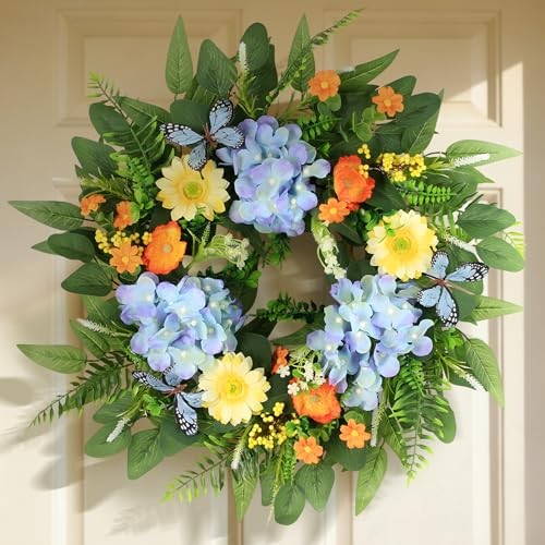 24in Hydrangea Spring Wreaths for Front Door - Summer Hydrangea & Butterfly