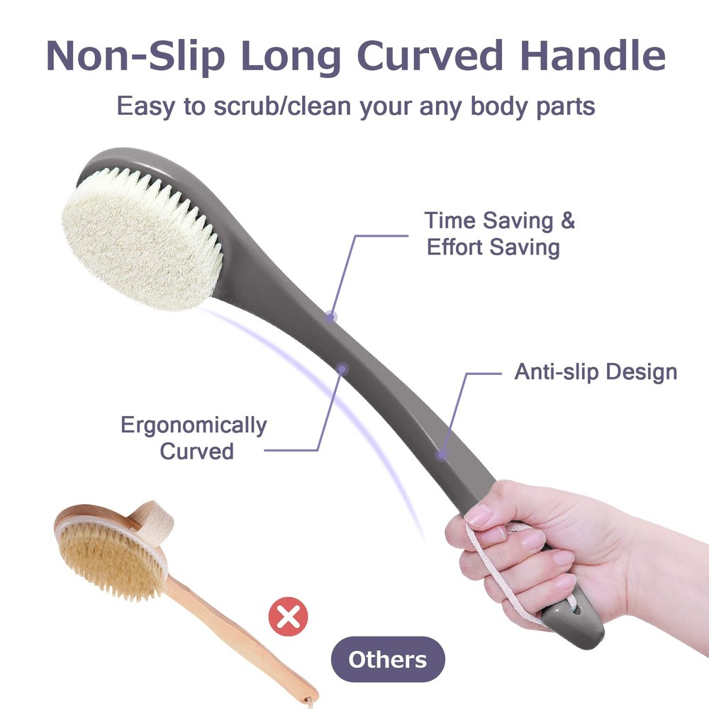 Exfoliating Shower Brush Back Scrubber Long Handle, Plastic Bath Moderate Grey
