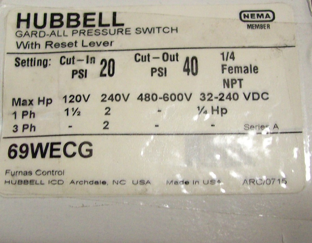 Hubbell Gard-All Pressure Switch With Reset Lever 69WECG
