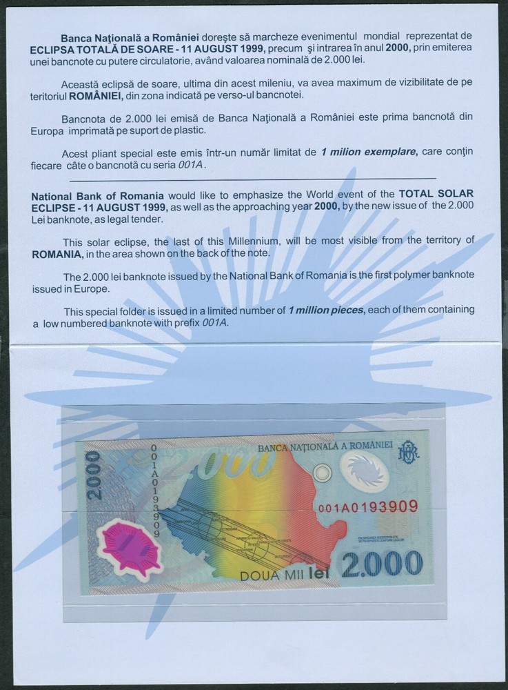 Romania 2000 Lei 1999 P111b UNC - Polymer / Solar Eclipse with folder