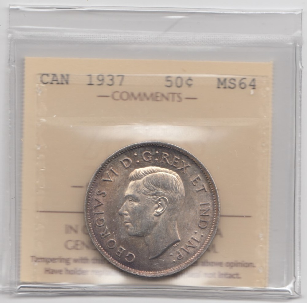 1937 Canada 50 Cents Silver Coin - ICCS MS-64