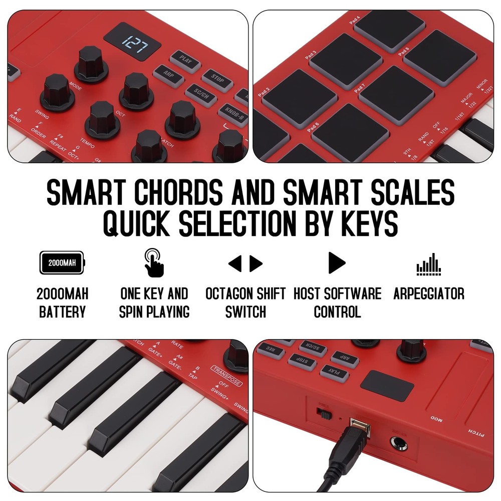 M-VAVE 25 Key USB MIDI Keyboard Controller With 8 Backlit Drum Compact, Red