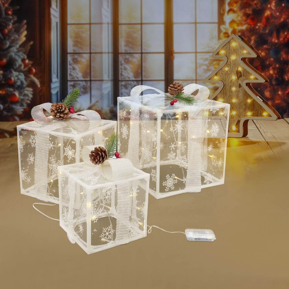 Set Of 3 Lighted Gift Boxes, 50 White Lights Present Box Lighted Display Decor