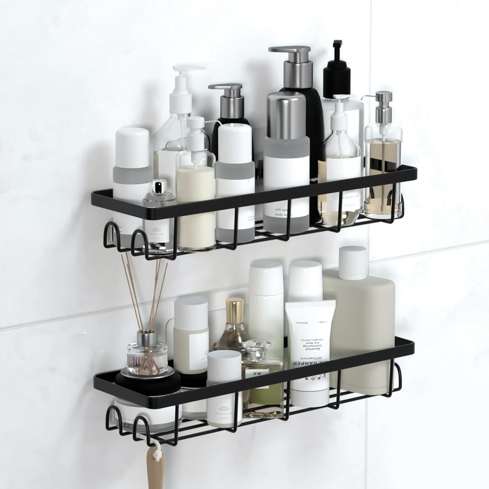 2-Pack Self-Adhesive Shower Caddy Organizer with Hooks Black