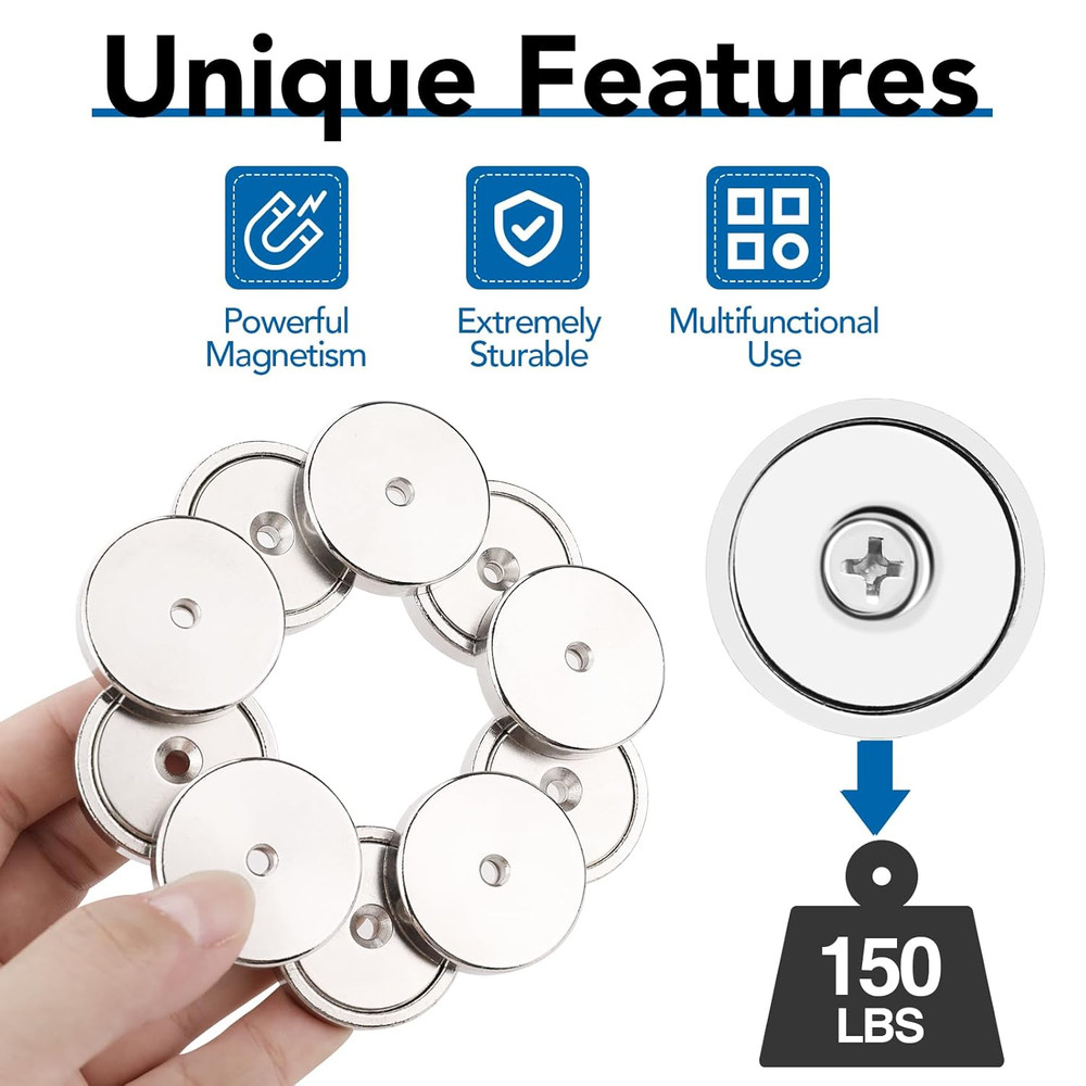 Strong Neodymium Cup Magnets, Waterproof, Rare Earth, 150Lb+ Pull Force, Silver,