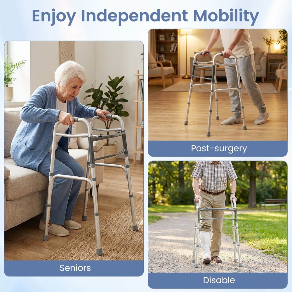 7-Level Adjustable Height, Lightweight Aluminum Mobility Aid, 2-Button Folding