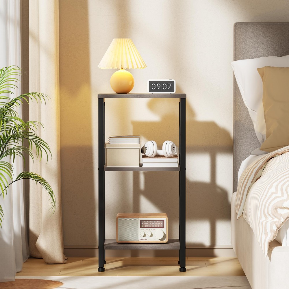 Small Grey Side Table, Tall End Table with Adjustable Shelf for Living Room, ...