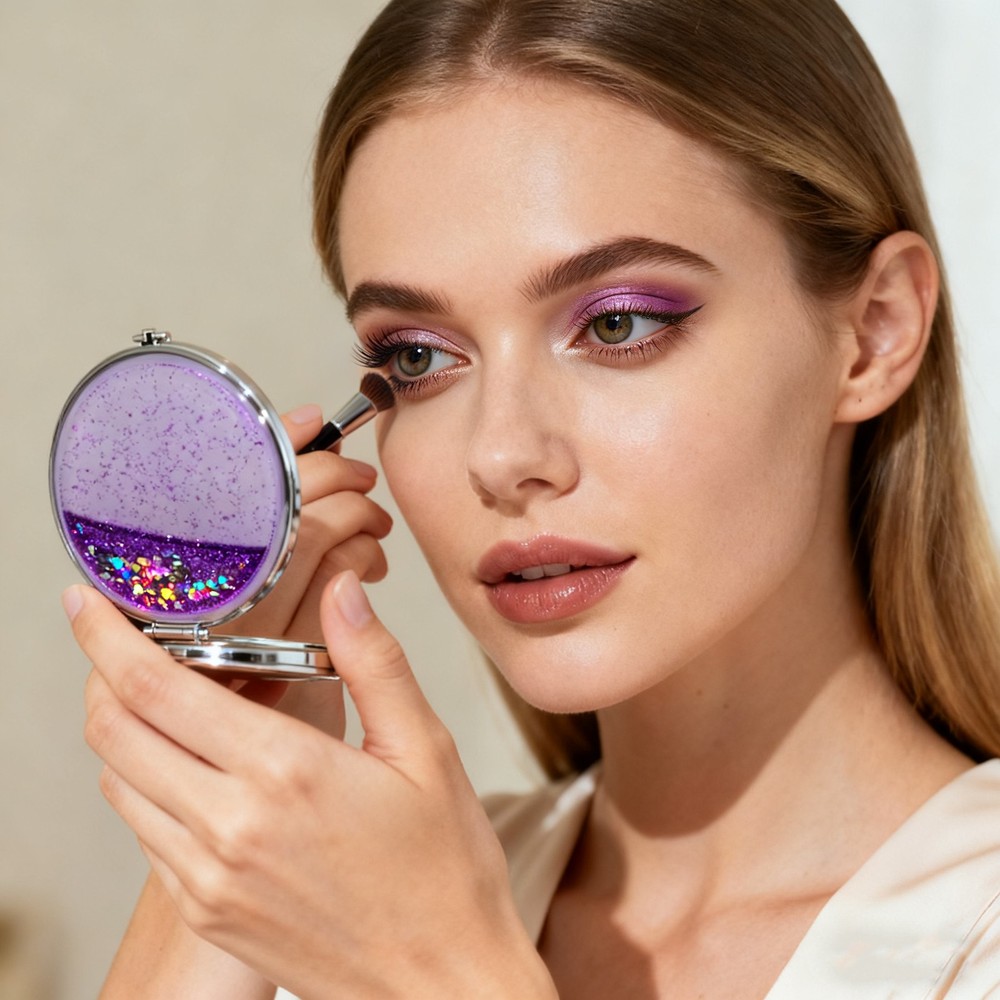 Glitter Pocket Mirror, Round Double-Sided Compact Mirror, Pink