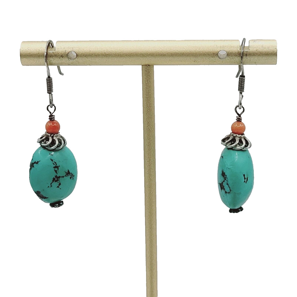 Turquoise Drop Dangle Pierced Hook 925 Sterling Silver Earrings Thailand