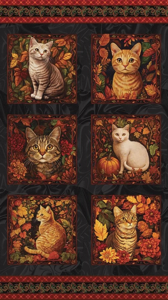 Autumn Cats Fabric Quilt Panel ~ 24" x 44"