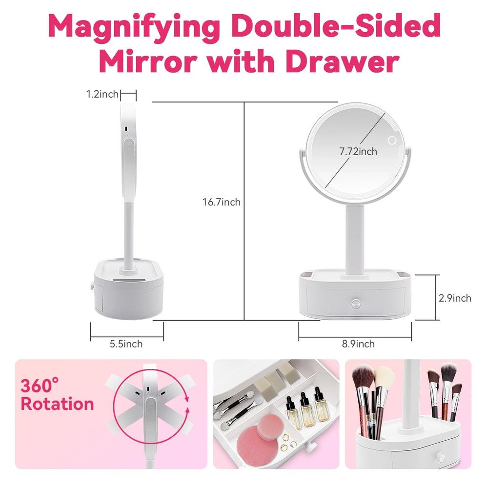 10X Magnifying Makeup Mirror, 80 LED, 3 Color Modes, Stepless Dimming, Base