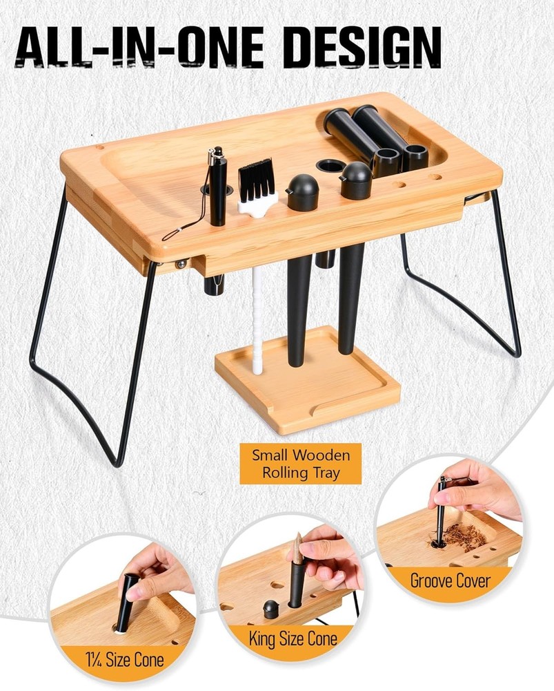 Wooden Rolling Tray with Cone Loader, Foldable Rolling Tray Set for King Size &