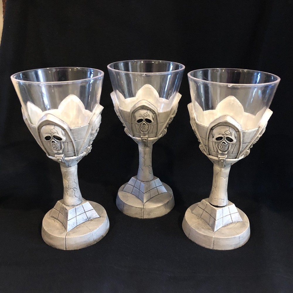 3 Scary Skeleton Plastic Halloween Goblets, Stem Glasses