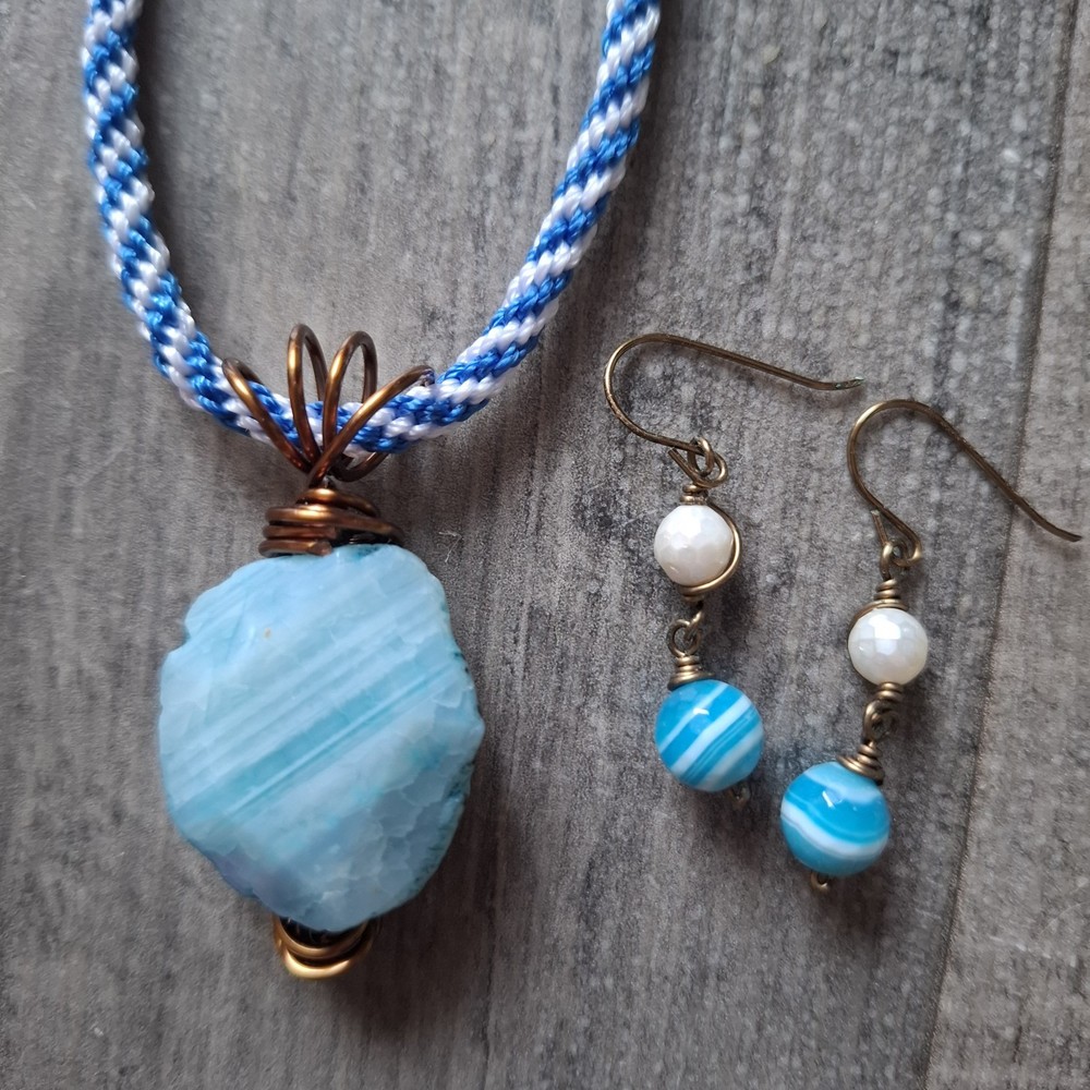 Statement Wire Wrapped Boho Blue Stone Style Necklace And Earrings Set Boho