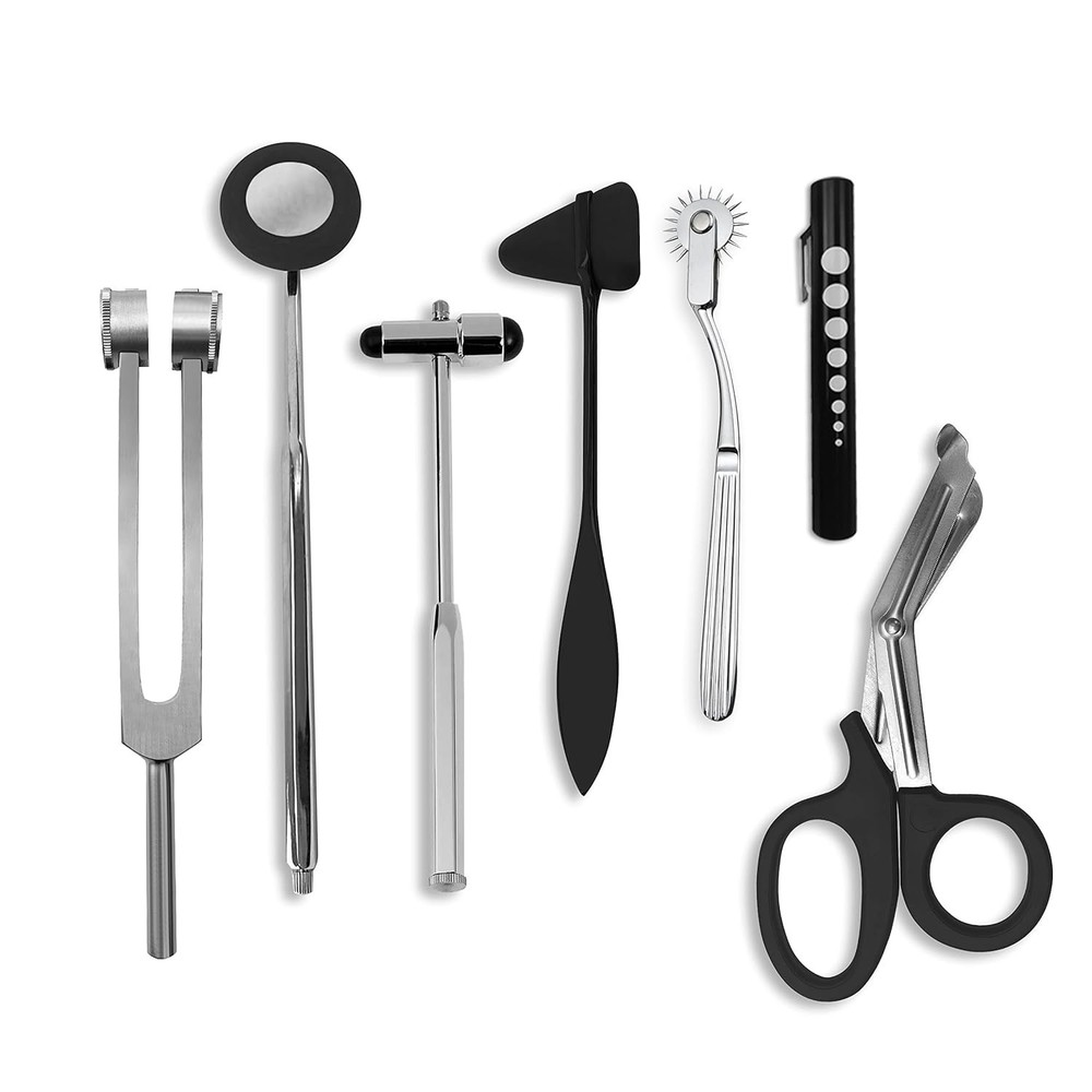 Professional Neurological Instruments Set: 7 pcs Reflex Hammer Kit with Scissors